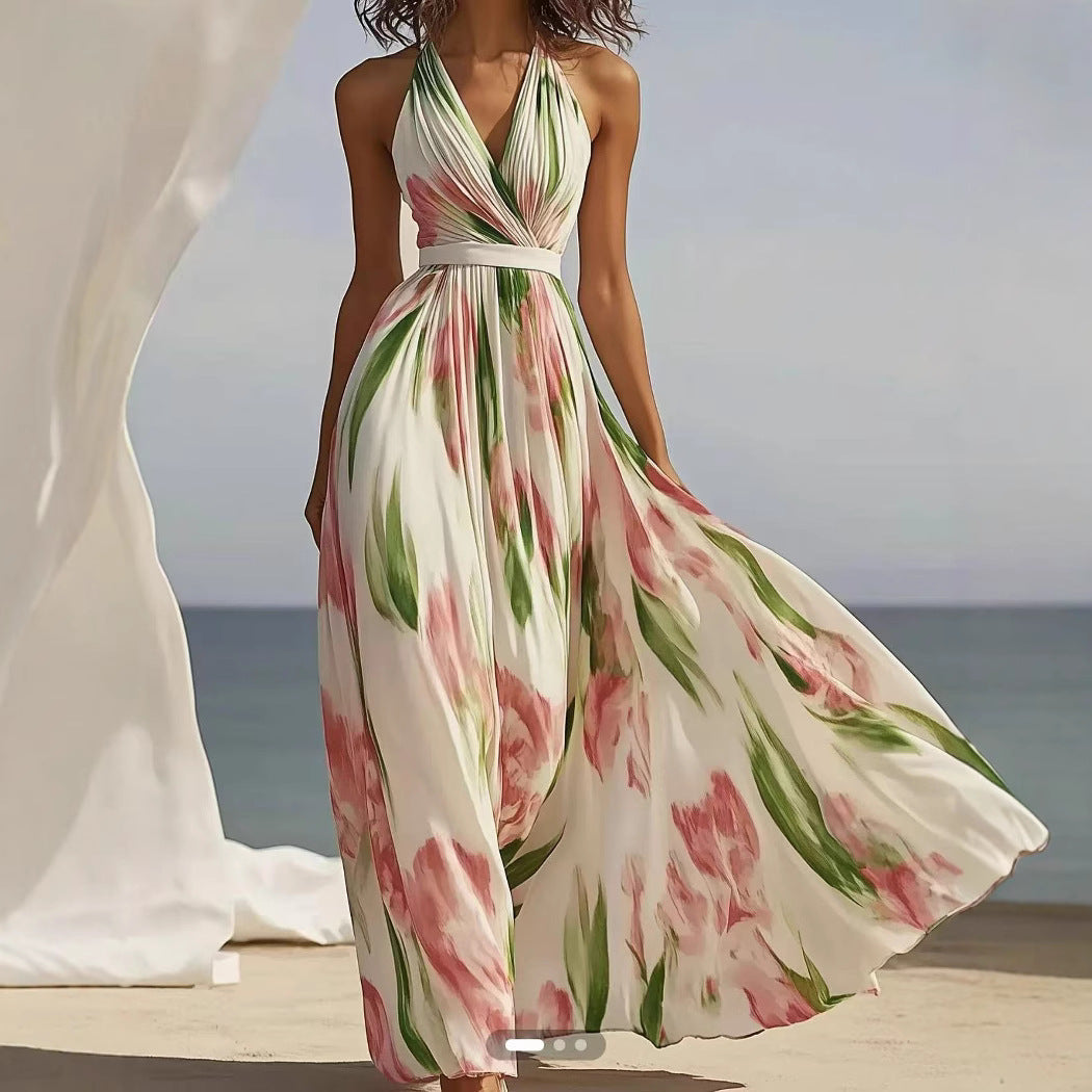 V-Neck Printed Sling Long Dress