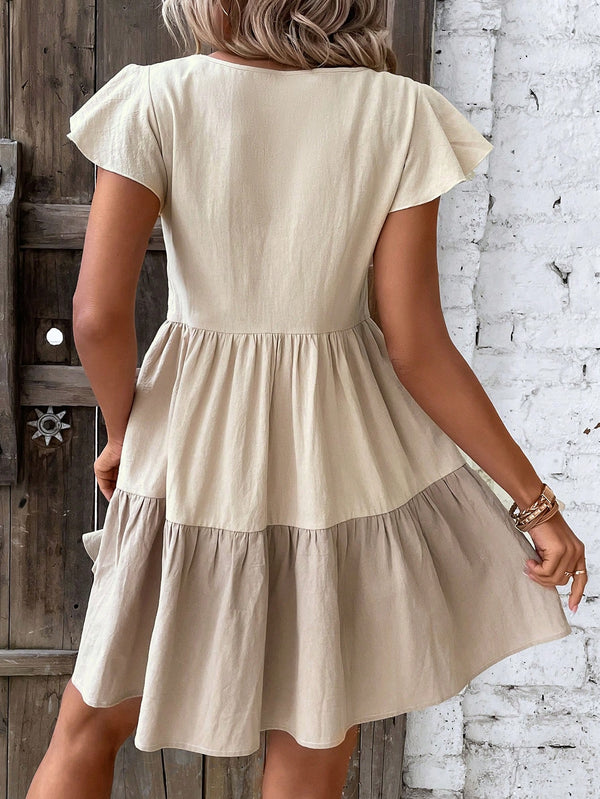 Colorblock Keyhole Ruffle Smock Dress