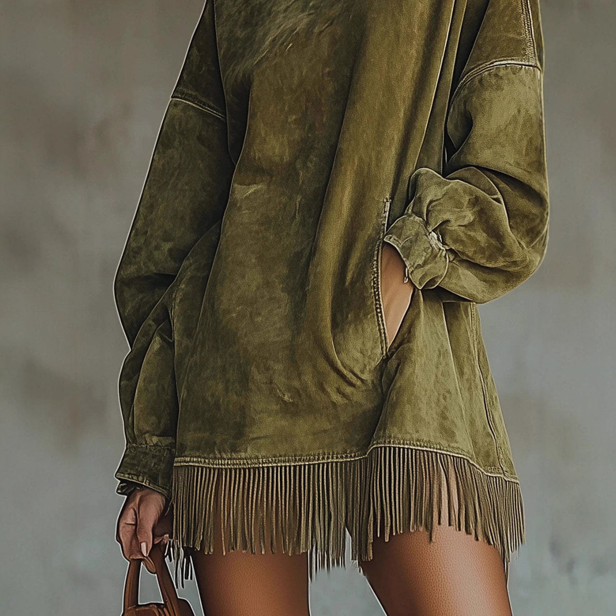 Tassel Long Sleeve Suede Dress