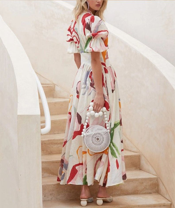 Elegant Print V-Neck A-Line Dress