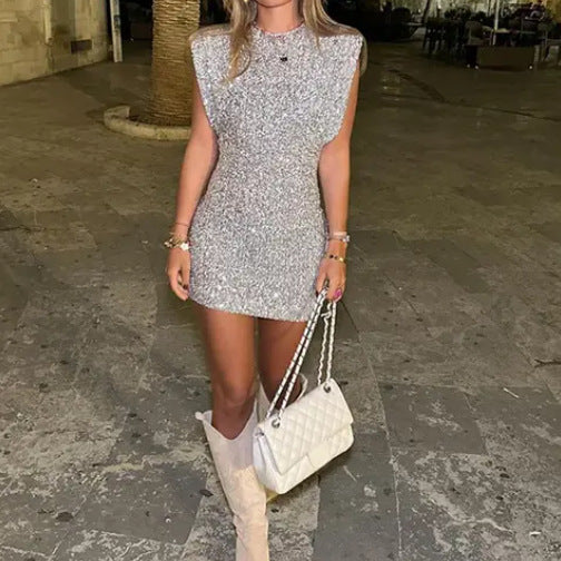 Sequins Sleeveless Hip-Wrap Short Dress