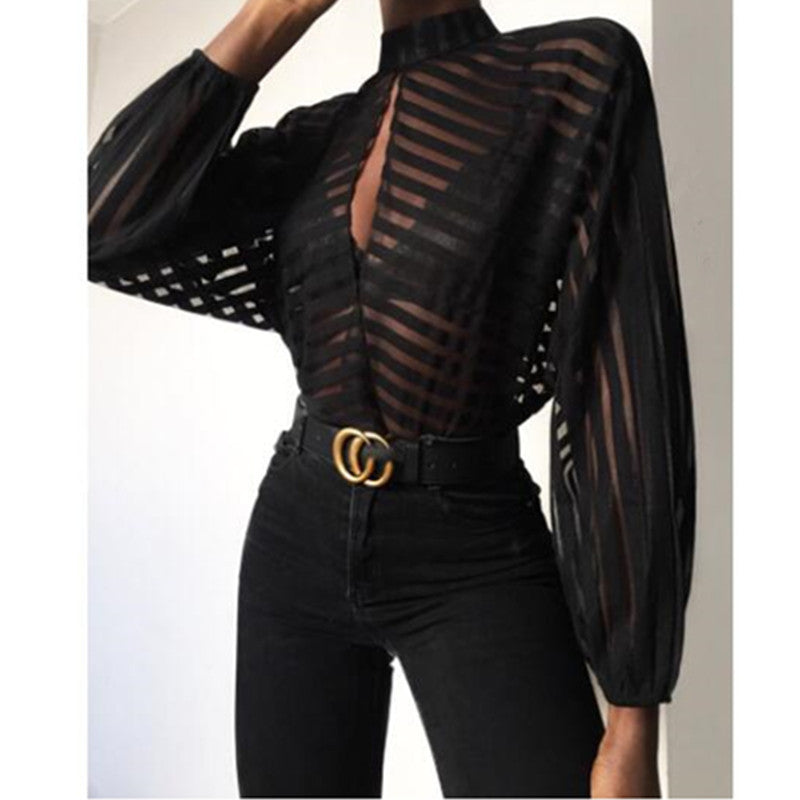 Striped Stand Collar Hollow Sleeve Top