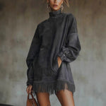 Tassel Long Sleeve Suede Dress