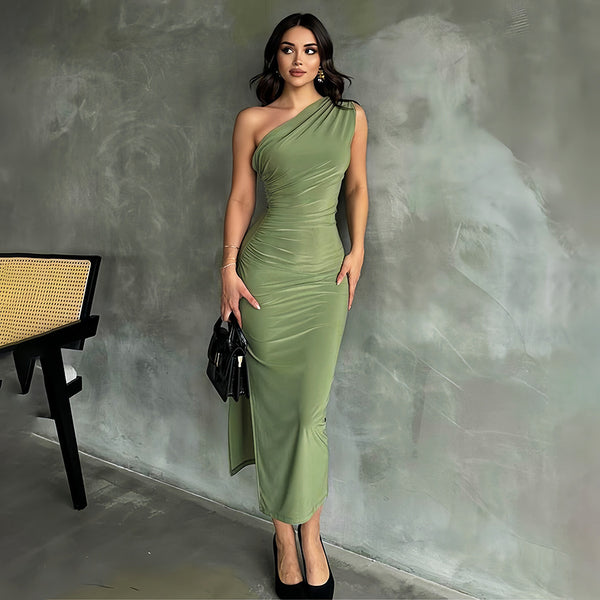 One-Shoulder Pleated Slit Dress