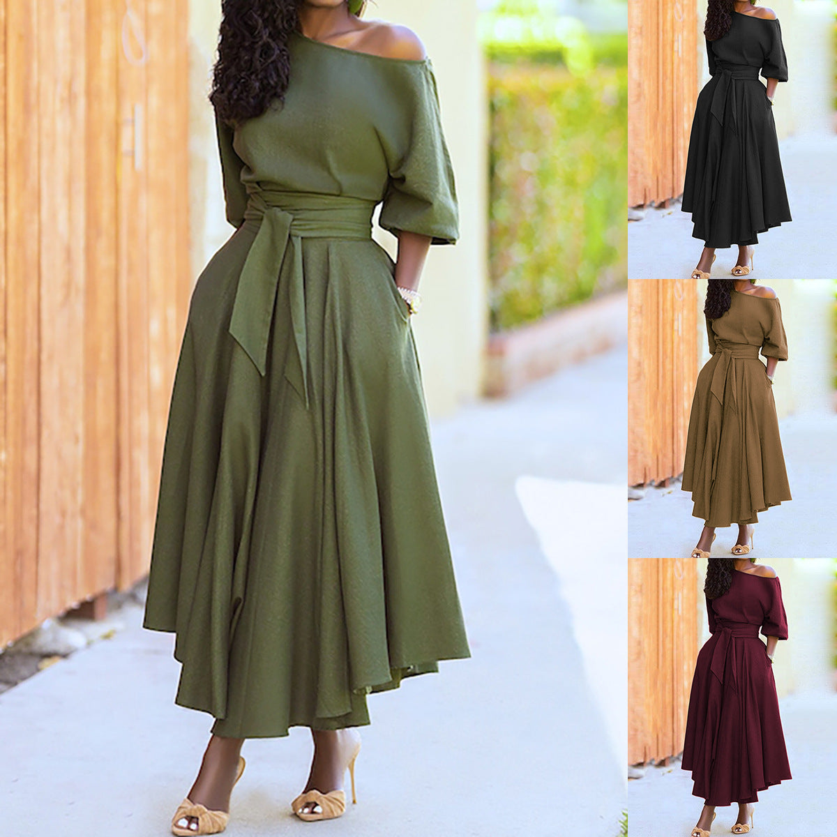 Off-Shoulder Bodycon Tie Waist Dress