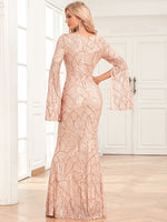 V-Neck Slit Long Sleeve Evening Dress