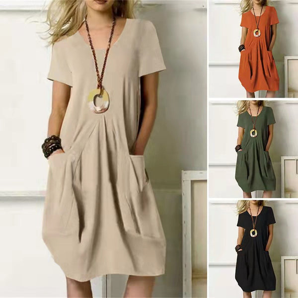 Cotton Linen Round Neck Pocket Dress