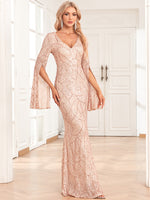 V-Neck Slit Long Sleeve Evening Dress