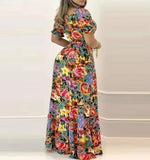 Printed V-Neck Lace-Up Waist Dress
