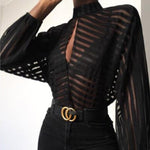 Striped Stand Collar Hollow Sleeve Top