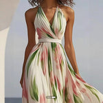 V-Neck Printed Sling Long Dress