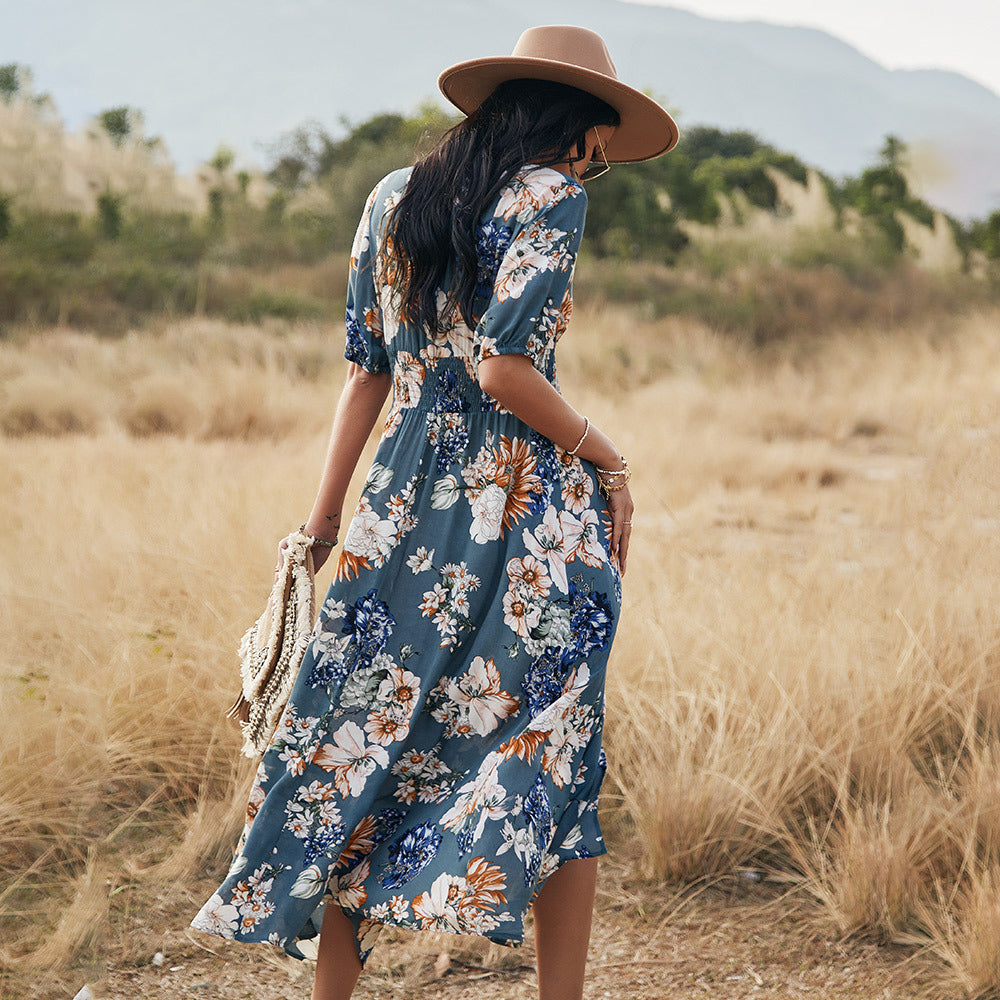 Floral V-Neck High Waist Dress
