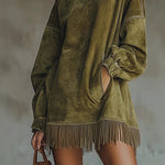 Tassel Long Sleeve Suede Dress