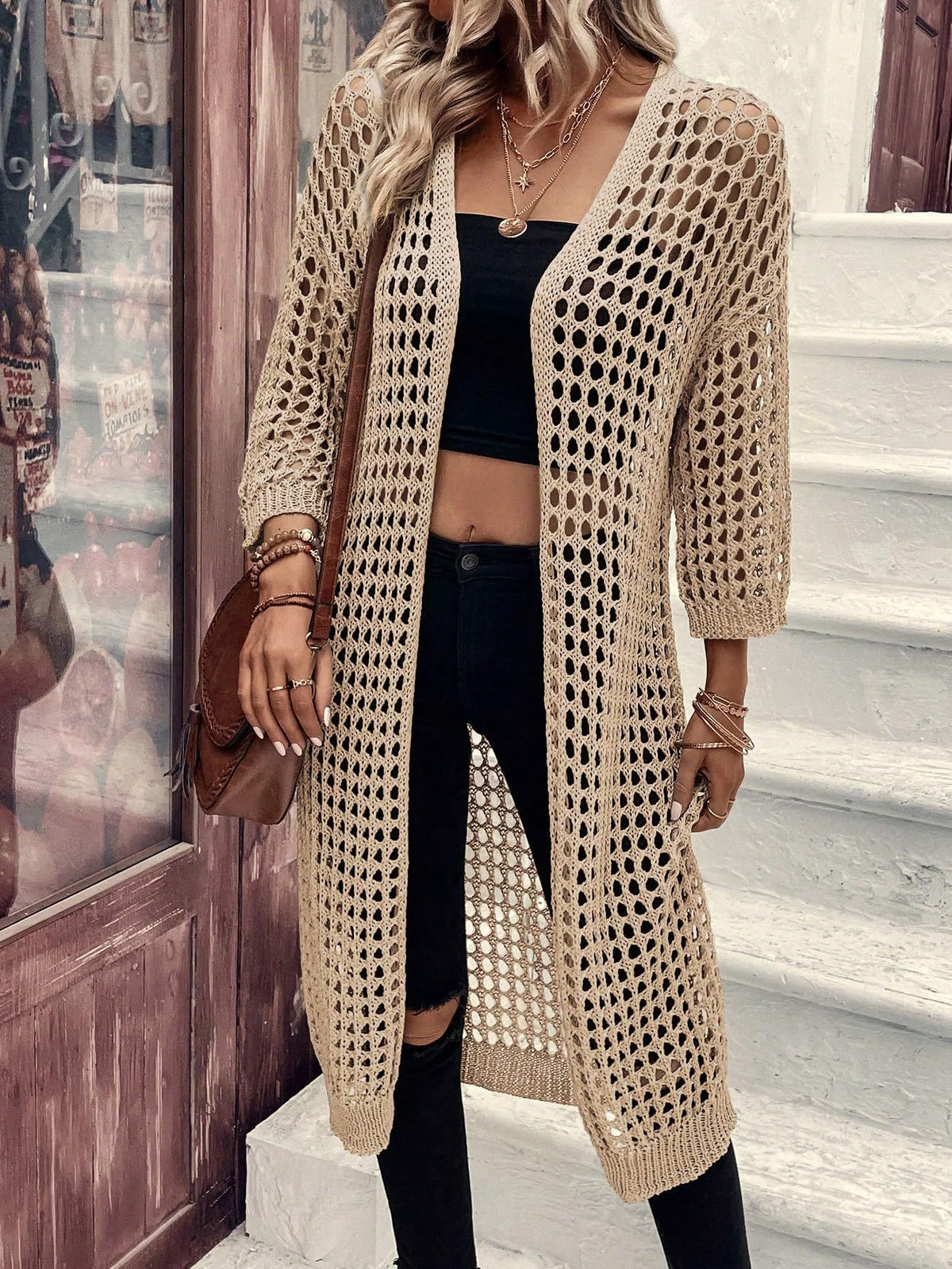 Retro Hollow Knit Long Cardigan