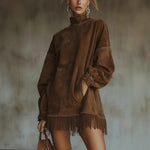 Tassel Long Sleeve Suede Dress