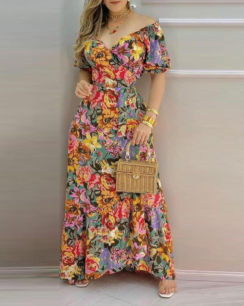 Printed V-Neck Lace-Up Waist Dress