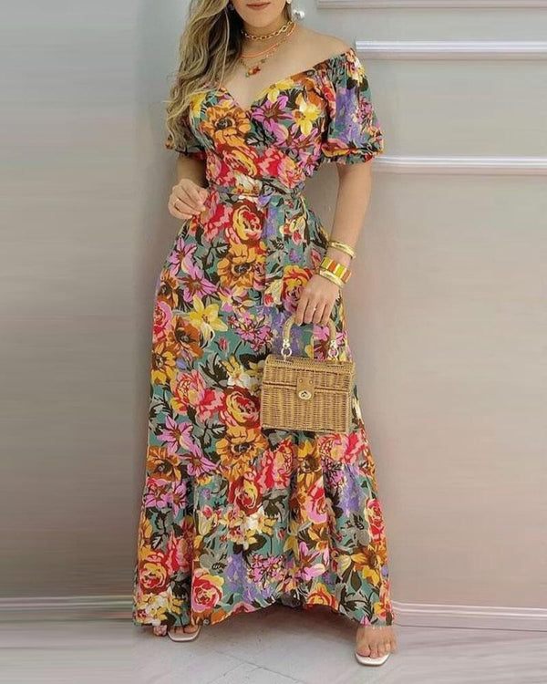 Printed V-Neck Lace-Up Waist Dress